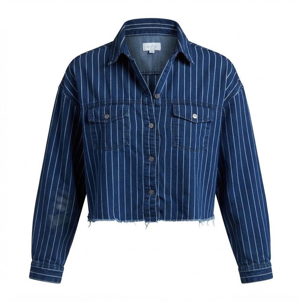 Y2K 90 American Eagle Blue White Striped Denim Shirt Crop Raw Hem Button Down M